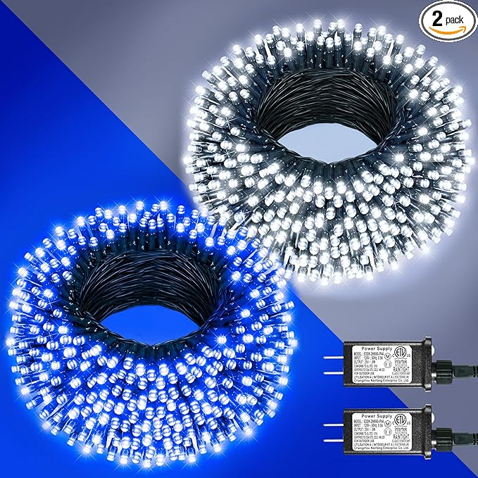 2 Pack Christmas Lights Outdoor, Total 200FT 600LED Christmas String Lights with 8 Modes Waterproof, Green Wire Twinkle Tree Lights for Indoor Patio Xmas Decor, 1 Pack Blue & 1 Pack White
