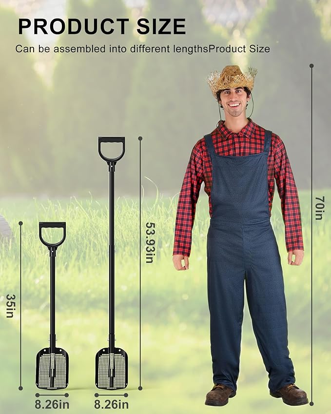 53.93 Inch Sifting Shovel, Heavy Duty Sand Sifter Square Cleaning Scoop Detachable 35-inch Short Sifter for Beach Chicken Coop/Animal House Poop Shovel