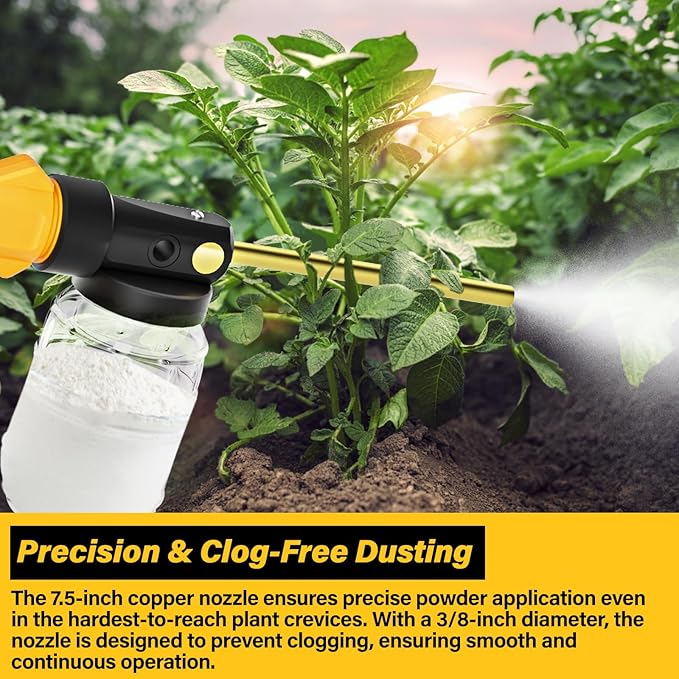 Electric Diatomaceous Earth Duster Compatible for DeWalt 20V Battery(Battery Not Included), Garden Dust Applicator with 1L Capacity and 7.5" Nozzle, Versatile Leaf Blower & Powder Sprayer