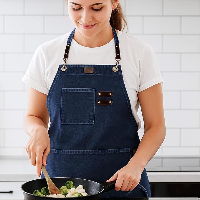 LEATHER VILLAGE Chef Aprons for Men Women with Large Pockets, Cotton Canvas Cross Back Adjustable Work Apron, Size M to XXL