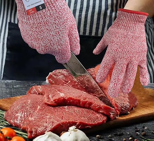 Cutting Gloves, 2 Pairs of Cut Resistant Gloves Food Grade, Cut Resistant Gloves for Kitchen, Oyster Shucking, Fish Fillet Processing, Carving Wood and Gardening(Medium-Red)
