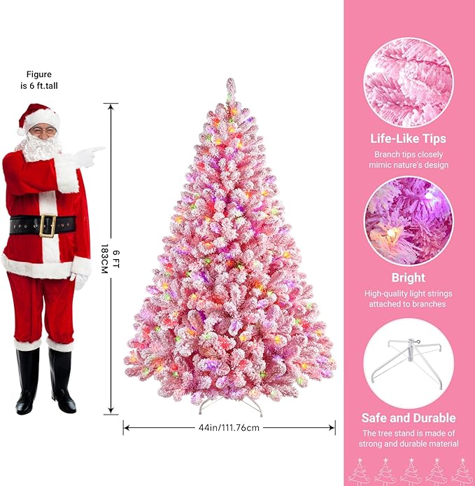 SHareconn 6ft Pre-Lit Flocked Spruce Artificial Hinged Christmas Tree with Remote, Timer and 330 Warm White & Multi-Color Lights, 950 Branch Tips, Perfect Choice for Xmas Decoration, 6 FT, Pink