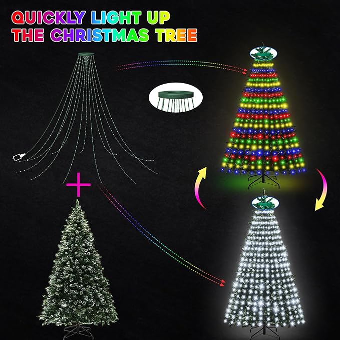 30+ Modes Ring Christmas Tree Lights Indoor Outdoor - 7.5Ft x 12 Lines 336 LED Easy App Control Color Changing Timer Remote Waterproof for 6 7 Ft Xmas Trees (Cool White to Multicolor)
