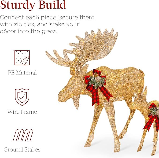 Best Choice Products 2-Piece Moose Family, Lighted Outdoor All-Weather Christmas Yard Decoration Light-Up Décor Set w/ 170 LED Lights, Ground Stakes, Zip Ties - Gold