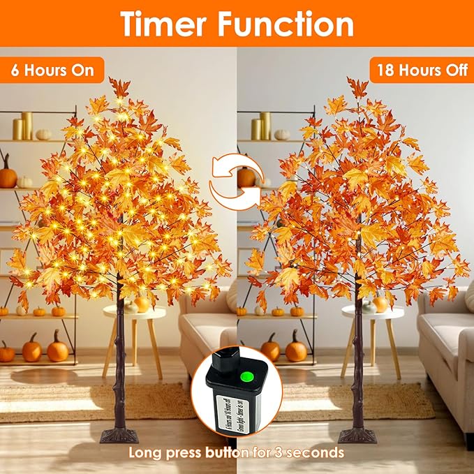 Set of 3 Pre-lit Artificial Lighted Maple Tree with Timer, 4FT 5FT and 6FT 300 LED Warm White Light up Fall Decor for Indoor Outdoor Thanksgiving Day Halloween Home Porch Party Decoration, Orange
