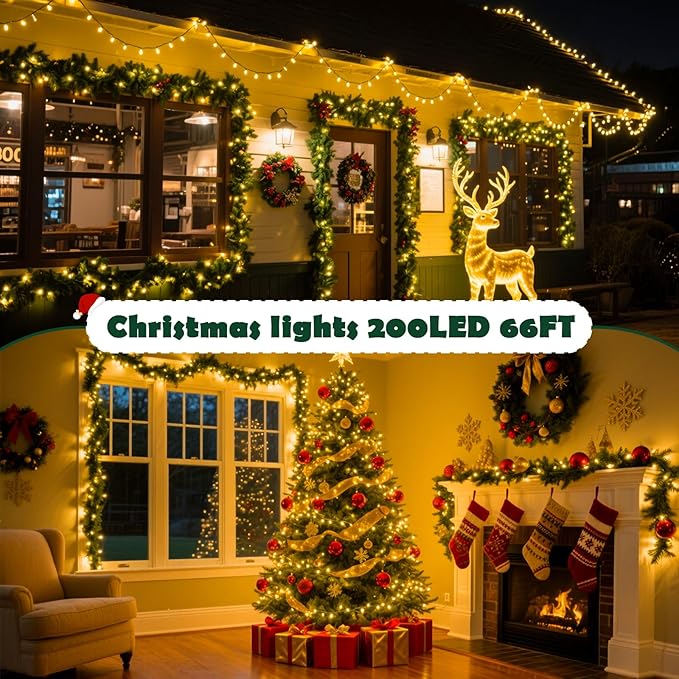 Christmas Lights Indoor Outdoor Waterproof, 66FT 200 LED Warm Light String Lights for House Decorations, Ideal for Christmas Trees, Wedding, and Party