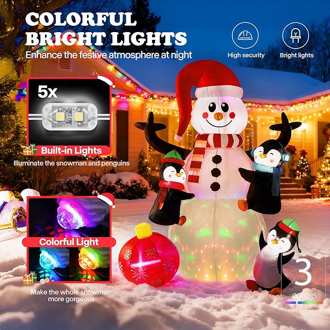 VIVOHOME 6FT Christmas Inflatable Outdoor Decoration, Snowman with Penguin and Red Ball, Navidad Blow Up Yard Decor with Built-in LED Light for Lawn, Garden, Party