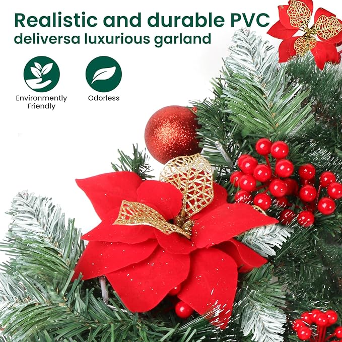 Christmas Garland with Lights, 9FT 30 LED Prelit Christmas Garland for Mantle,Outdoor Indoor Christmas Decorations Garland Battery Operated with Timer, Bows,Flowers,for Stairs,Railing,Fireplace,Door