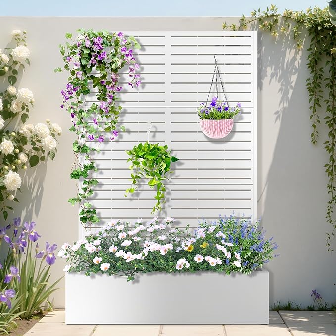 Metal Planter Box with Trellis, Planter Box with Privacy Screen, Privacy Trellis Outdoor for Climbing Plants with Drainage Holes, Raised Garden Bed for Vegetables