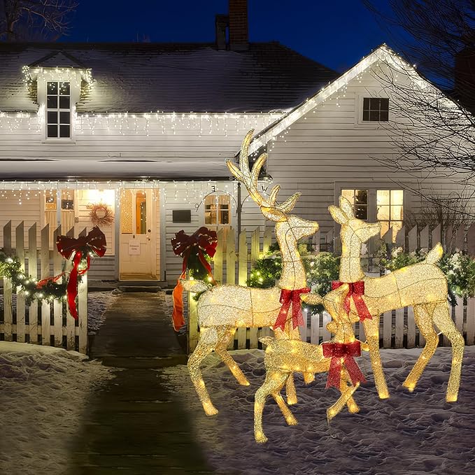 45" Light Up Outdoor 2D Christmas Reindeer Decor, Featuring Durable Metal Frame, Ground Stakes, Waterproof Snow-Resistant Design, Perfect for Vintage Christmas Home, Tree, and Garden Decoration, Gold