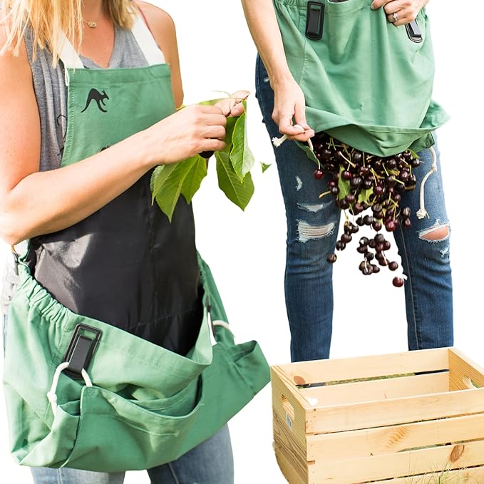 Roo Gardening Apron with Pockets & Harvesting, Picking Pouch - Adjustable, Water-resistant, Washable Canvas Cotton