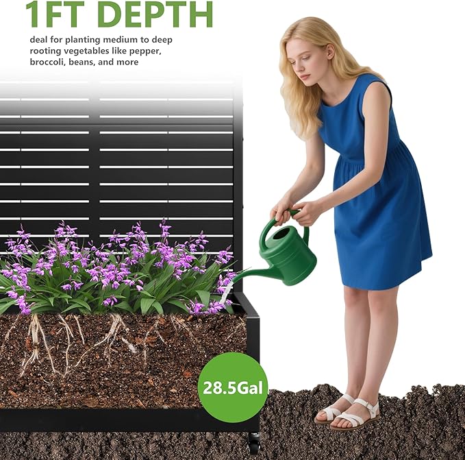 Casaphoria Metal Raised Garden Bed with Trellis and Wheels, 72"x35"x16" Arched Planter Box for Climbing Plants, Vegetables & Vines, Features Drainage Holes and Privacy Screen (Black-Louvered)