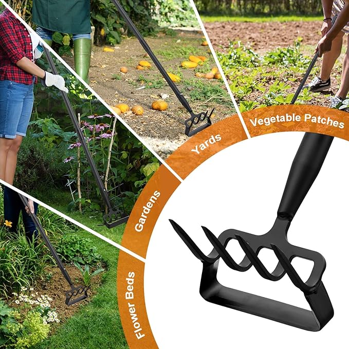Dual Function Hoe Garden Tool - 36-82” Extra Long Handle Lightweight Stirrup Hula Hoe for Easy Weeding, Carbon Steel Sharp Blade & 4 Tine Rake for Gardening