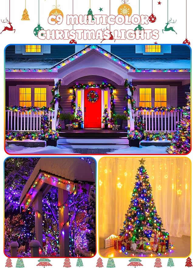 2-Pack Extentable C9 Christmas Lights Outdoor Indoor, 66 FT 100 LED Christmas String Lights Plug in with 8 Modes & Timer, Waterproof Fairy Twinkle Light for Xmas Tree Yard Decorations (Multi-Colored)