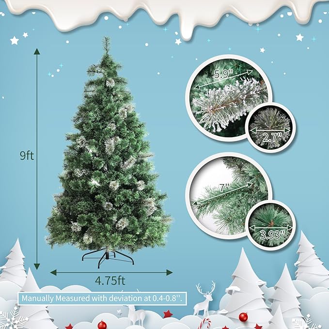 Arlopu 9ft Pre-lit Artificial Cashmere Christmas Tree, Snow Flocked Prelighted Pine Needle Xmas Tree, W/Warm White Lights, Tips, Foldable Metal Base for Home Store Party Holiday Decoration