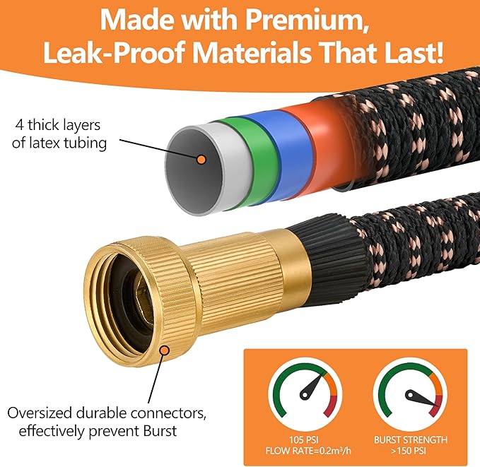 100ft Garden Hose – 2025 Upgarded Expandable Garden Hose w/10 Pattern Thumb Spray Nozzle, 650psi Pure Brass 3/4” Fittings – Lightweight, Durable, and Kink-Free(Black Rose Gold)