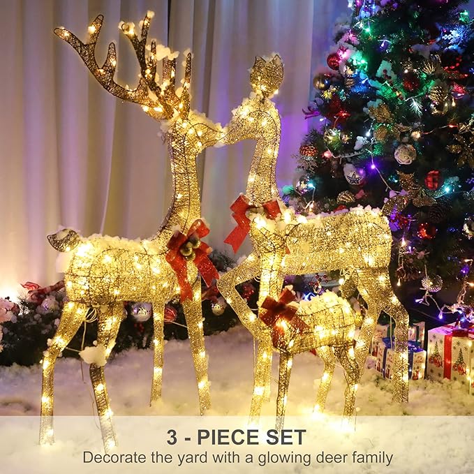 Lighted Christmas Decoration Deer 3 Piece, HOYECHI Light up Christmas Decor Reindeer Family Set for Indoor Outdoor Front Yard Porch with LED Lights, Plug, Ground Stakes - Gold