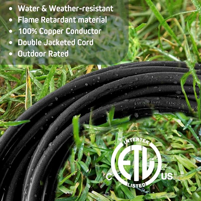 50FT Black Outdoor Extension Cord, Evenly Spaced 6 Outlets Plugs with Waterproof Cover, 16/3 SJTW Weatherproof Multiple Outlets Wire for Holiday Light and Halloween Christmas Decoration, ETL Listed