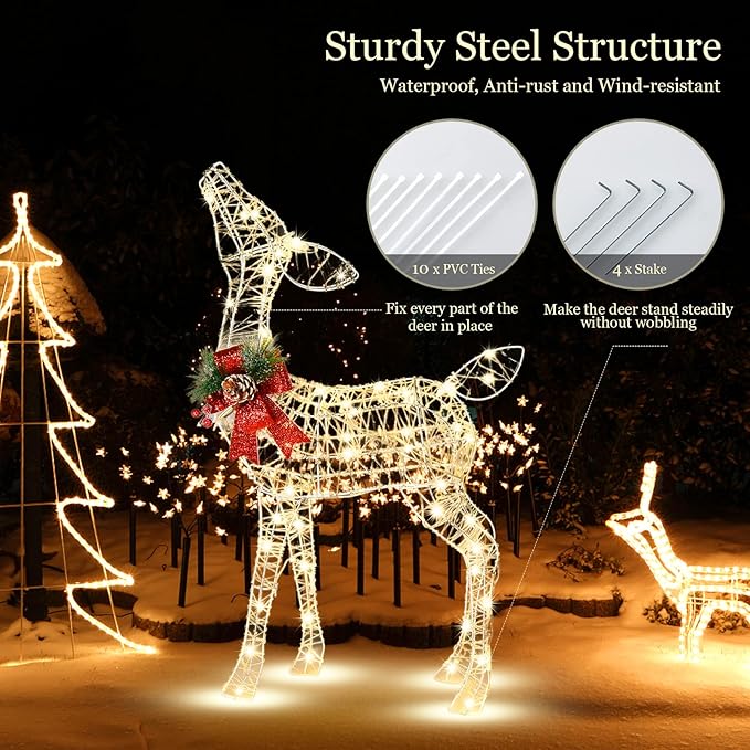 Tangkula Lighted Christmas Reindeer, Outdoor Yard Xmas Decorations with 50 LED Lights, Artificial Christmas Décor with Stakes and Zip Ties, Indoor/Outdoor Festive Holiday Decoration