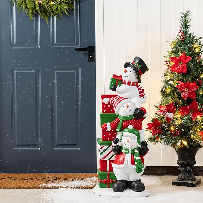 Glitzhome Christmas Front Porch Decor, Resin Stacked Snowman Xmas Porch Sign Decoration for Indoor Outdoor Patio Standing Decor, 35.25" H
