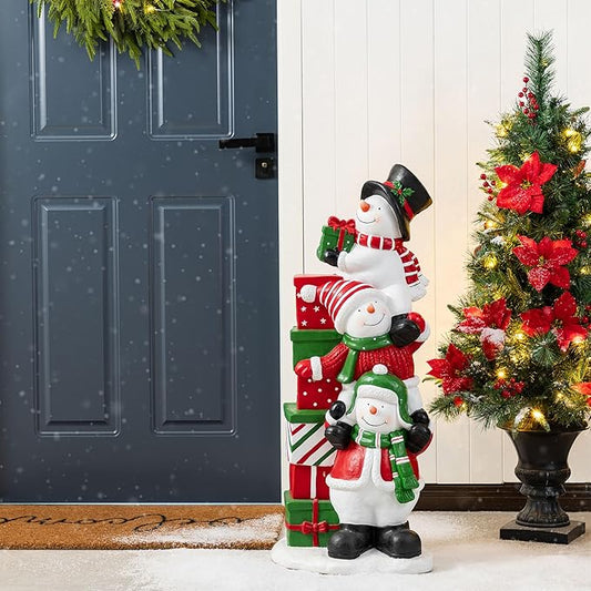 Glitzhome Christmas Front Porch Decor, Resin Stacked Snowman Xmas Porch Sign Decoration for Indoor Outdoor Patio Standing Decor, 35.25" H