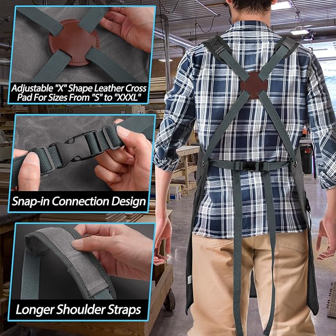 Woodworking Apron for Men, Shop Apron 20 oz Canvas Work Apron with 9 Tool Pockets, Heavy Duty Wood Working Workshop Bib Apron for Carpenter Woodworker Blacksmith, Men Gift, Adjustable to S- 3XL, Grey
