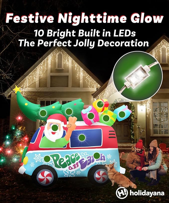 Holidayana Christmas Inflatables Large 8ft Tall Santa Hippie Van - Inflatable Outdoor Christmas Decorations Blow Up X-mas Decorations for Yard, Lawn & Garden Internal Lights & Built-in Fan