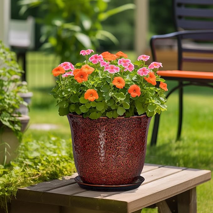 Ceramic Pots for Plants - 12 Inch Plant Pot for Indoor Outdoor, Round Planter with Drainage Hole and Saucer, Large Decorative Planters, Modern Flower Pot, Office Decor, Garden Gifts, Red