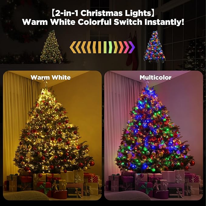 WBao Christmas Lights Indoor Outdoor 300LED 100FT, Color Changing Christmas String Lights with Remote, UL Certified, 11 Modes, Timer, Connectable & Waterproof for Party Decor, Warm White & Multicolor