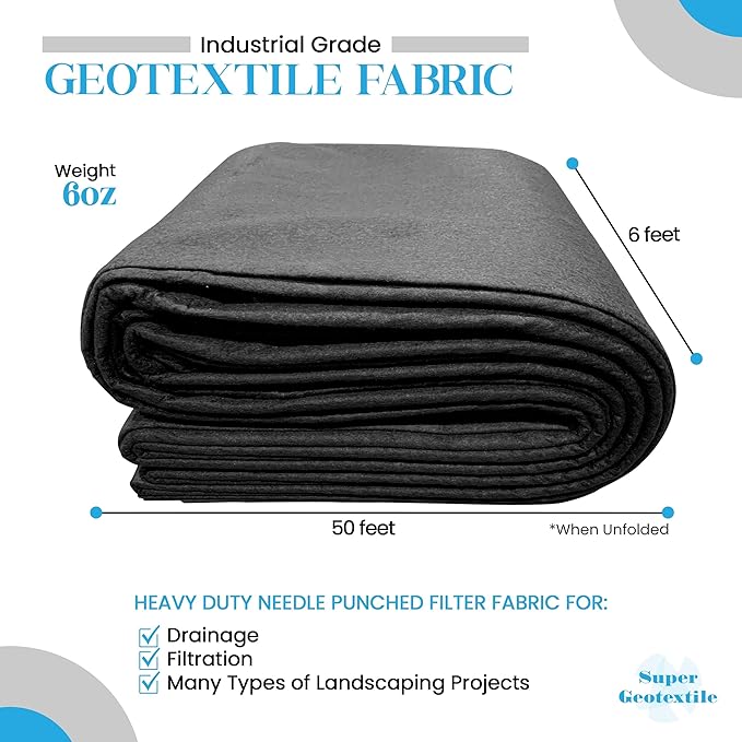 4, 6, 8 oz Non Woven Fabric for Landscaping, French Drains, Underlayment, Erosion Control, Construction Projects - 6 oz (6X50)