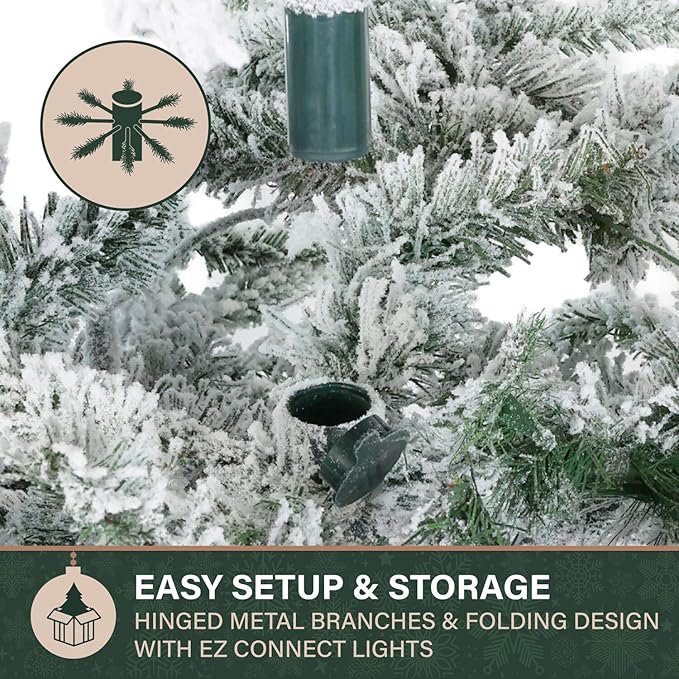 Fraser Hill Farm 6.5-Ft. Slim Mountain Pine Flocked Artificial Christmas Tree with Warm White LED Lights and Stand, Prelit Foldable Fake Tree with Realistic Snowy Foliage for Home Decoration