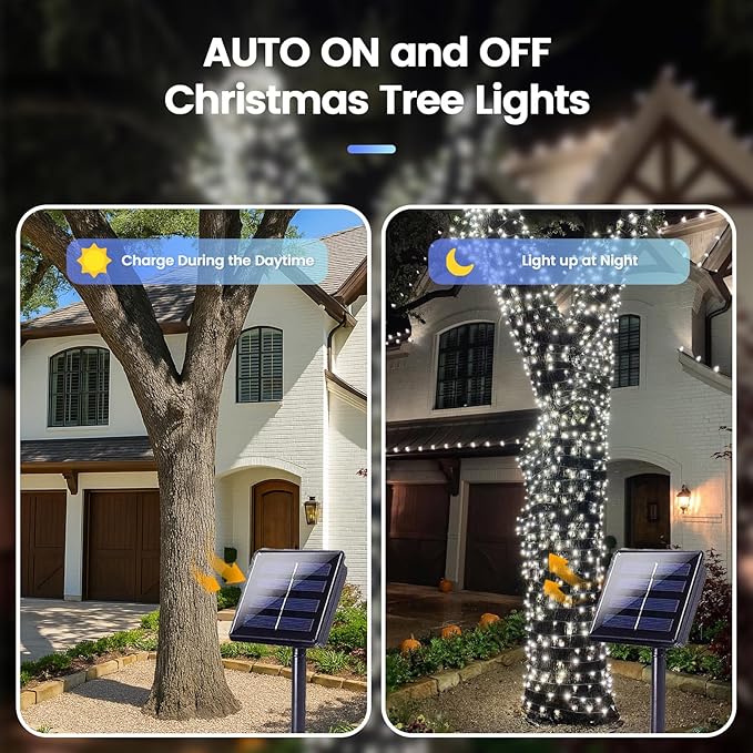 SANJICHA 2-Pack Each 72FT 200 LED Solar String Lights Outdoor, Waterproof Solar Christmas Fairy Lights Silver Wire 8 Lighting Modes Solar Twinkle Lights for Tree Garden Party Xmas Decor (Cool White)