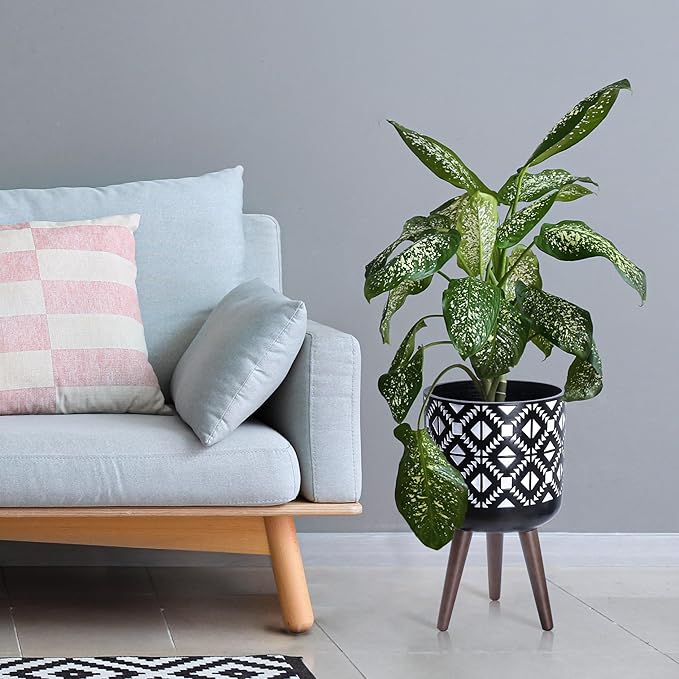 D'vine Dev 10 Inch Planter Pot with Stand, Mid-Century Tall Plant Pot with Legs for Indoor Plants, White/Black, 88-G-B-4