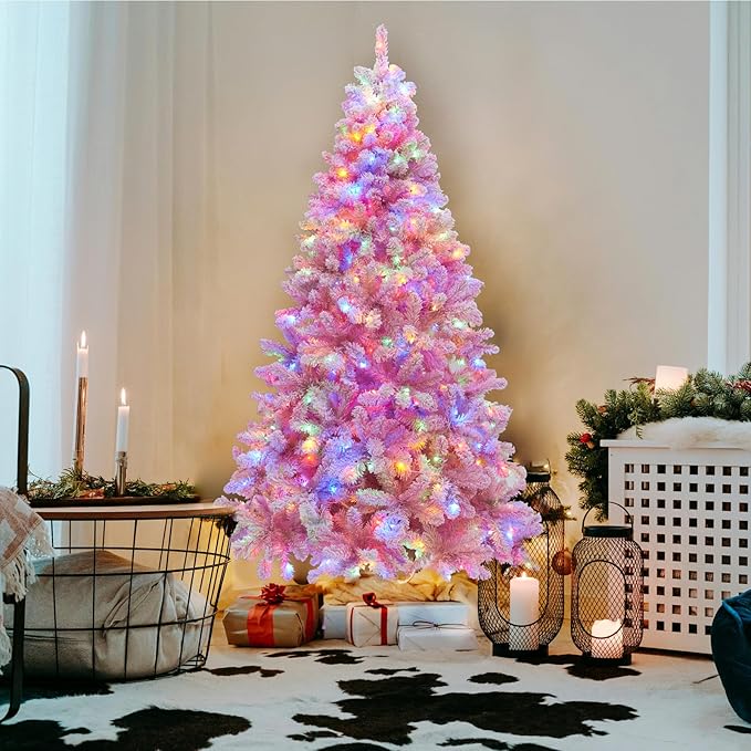 Christmas Tree, 7.5ft Flocked Pink Christmas Tree Prelit with Lights, 10 Functions, 400 Lights, Spruce Artificial Christmas Tree Prelit with Realistic Tips & Sturdy Metal Base Easy Assembly