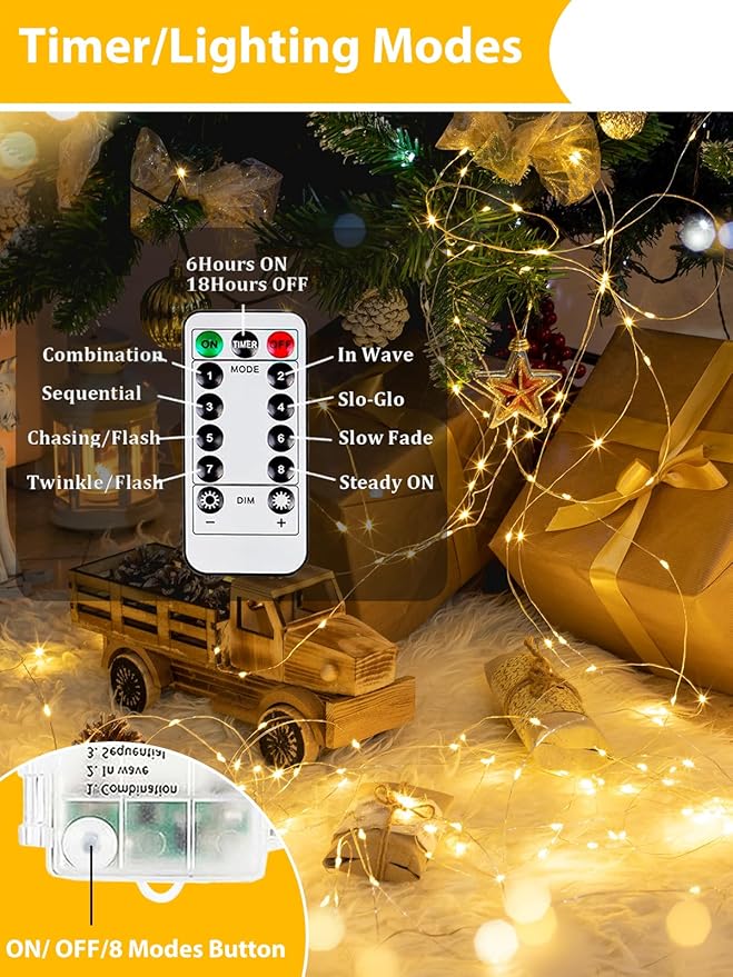 2 Pack 100LED Christmas Battery Operated Fairy Lights with Remote, 8 Modes String Lights with Timer, Dimmable, Memory Function, Waterproof Twinkle Lights for Outdoor Indoor Christmas Decor(Warm White)