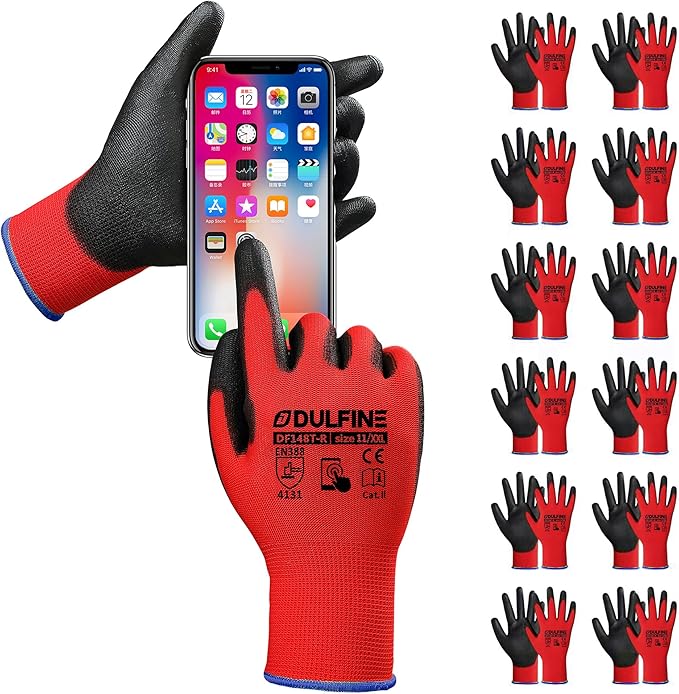 Safety Work Gloves PU Coated for Men and Women-12 Pairs,Red Seamless Knit Glove with Two Fingers Touchscreen,Ideal for General Duty Work (Extra Large)