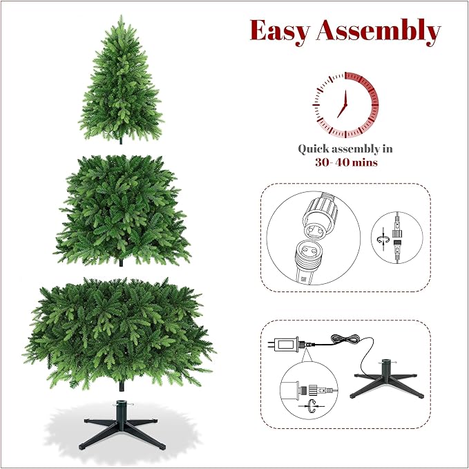 Thalassophile 6.5ft Pre-Lit Full Christmas Tree with Rotating Stand, Prelit Rotating Artificial Hinged Realistic Xmas Tree with Remote, 340 Lights Warm White & Multi Color, 1036 Branch Tips, Green