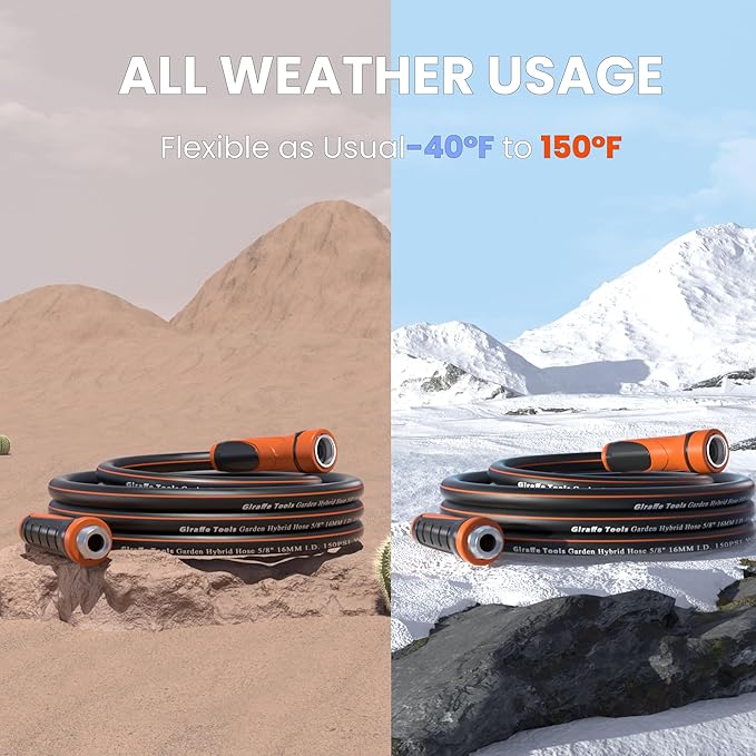 Giraffe Tools 100Ft 5/8" Garden Hose Set with 10-Pattern Spray Nozzle, Quick Connect Adapters & Splitter, for Lawn Care, Car Washing, Bed Garden Water Hose