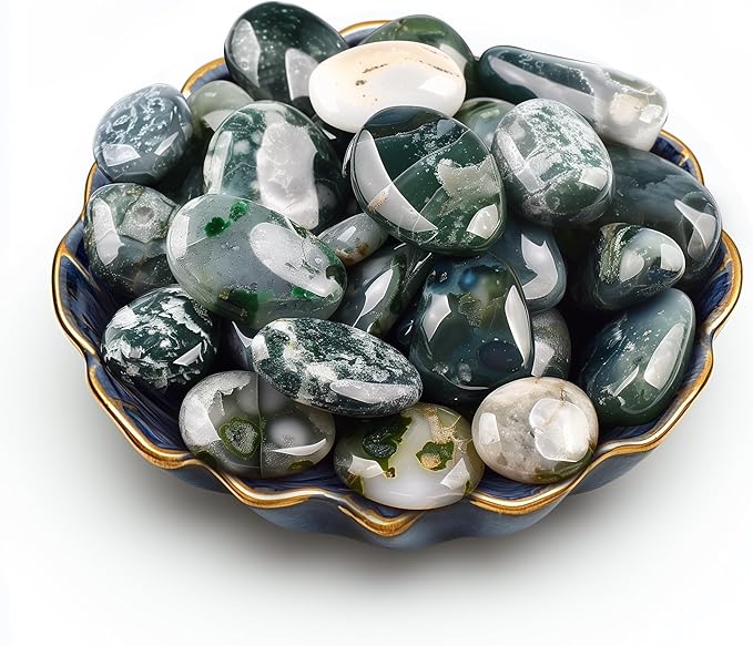 Polished Stone Set Moss Agate Crystals, 0.8" Handpicked Tumbled Gemstones Rocks, Pebbles for Reiki, Chakra, Healing, Home Decor