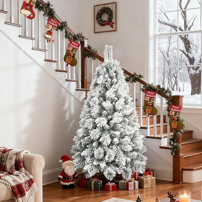 4 Ft Unlit Snow Flocked Christmas Tree, Artificial Xmas Tree with 350 PVC/PE Realistic Branch Tips, Metal Stand Decor for Holiday, Party, Home Easy to Assemble