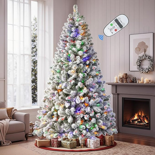 SHareconn 5ft Pre-Lit Flocked Spruce Artificial Hinged Christmas Tree with Remote, Timer and 250 Warm White & Multi-Color Lights, 642 Branch Tips, Perfect Choice for Xmas Decoration, 5 FT, White