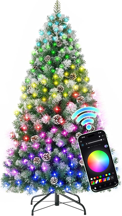 HOLLO STAR 4.5 ft Prelit Christmas Tree with 150 LED Lights, App Control, Artificial Christmas Tree, Multi-Color RGBW Lights, 330 Flocked Frosted Tips, 28 Pine Cones, Metal Base, for Home, Party