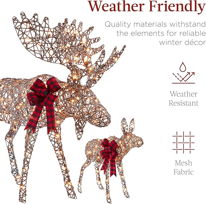 Best Choice Products 2-Piece Moose Family, Lighted Outdoor All-Weather Christmas Yard Decoration Light-Up Décor Set w/ 170 LED Lights, Ground Stakes, Zip Ties - Rattan