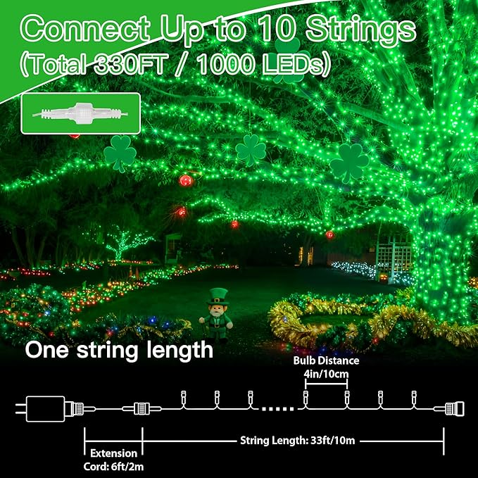 33FT 100 LEDs String Lights Waterproof Fairy Lights 8 Modes with Memory 30V UL Certified Power Supply for Home, Garden, Wedding, Party, Christmas Decoration Indoor Outdoor (Green)
