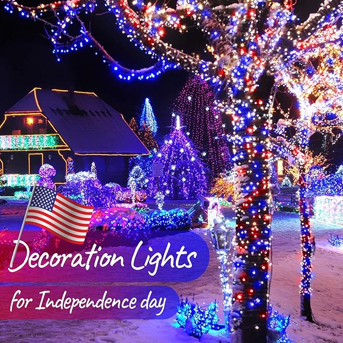 4th of July Decoration Patriotic Mini Lights - 200 Count 50 Feet Red White Blue Incandescent Bulb Waterproof String Lights Plug in for Indoor Outdoor Christmas Party Patio Independence Day Decoration