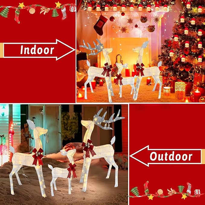 4ft Outdoor Lighted 3D Reindeer Christmas Decorations, 3-Piece Reindeer Family Set with 240 LEDs, Bells, Red Bows, Durable All-Weather Metal Frame for Yard, Garden, Indoor Holiday Decor
