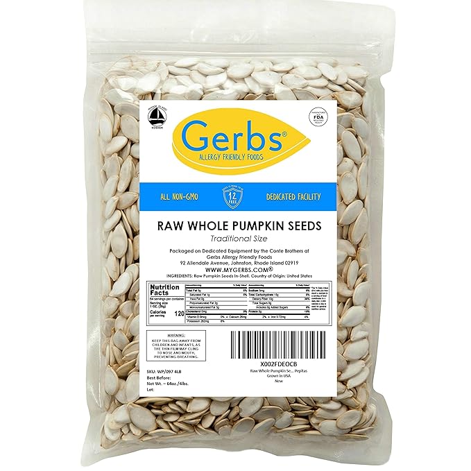 Pumpkin Seeds Raw in-Shell (Whole) by Gerbs - 4 LBS Premium Grade AA Pepitas - Top 10 Food Allergen Free - Vegan & Kosher - Seed Country of Origin USA - Made in Rhode Island