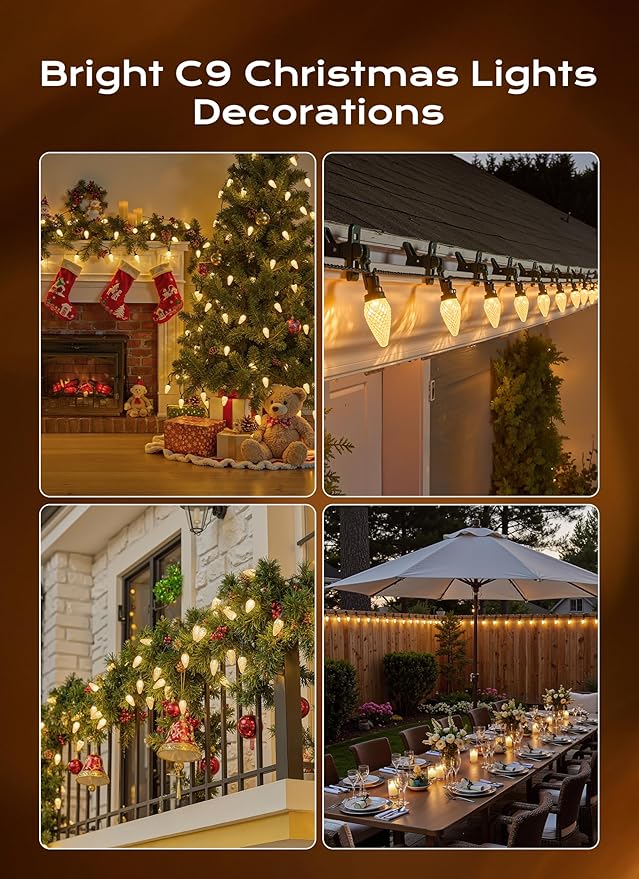 C9 Christmas Lights Outdoor, 33 FT 50 LED Connectable C9 String Lights with 8 Modes and Timer Extendable Xmas Tree Patio Roofline Garden Yard Holiday Party Indoor Outdoor Decoration, Warm White