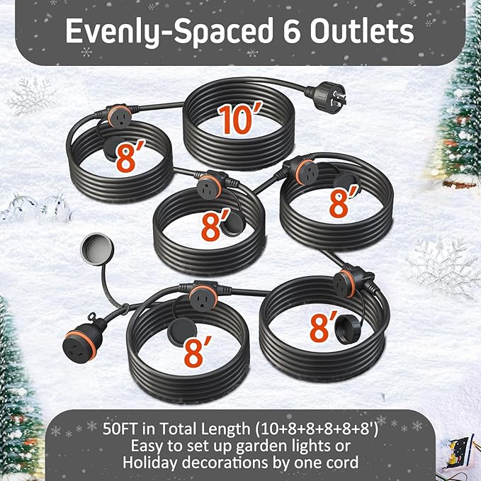50FT Black Outdoor Extension Cord, Evenly Spaced 6 Outlets Plugs with Waterproof Cover, 16/3 SJTW Weatherproof Multiple Outlets Wire for Holiday Light and Halloween Christmas Decoration, ETL Listed