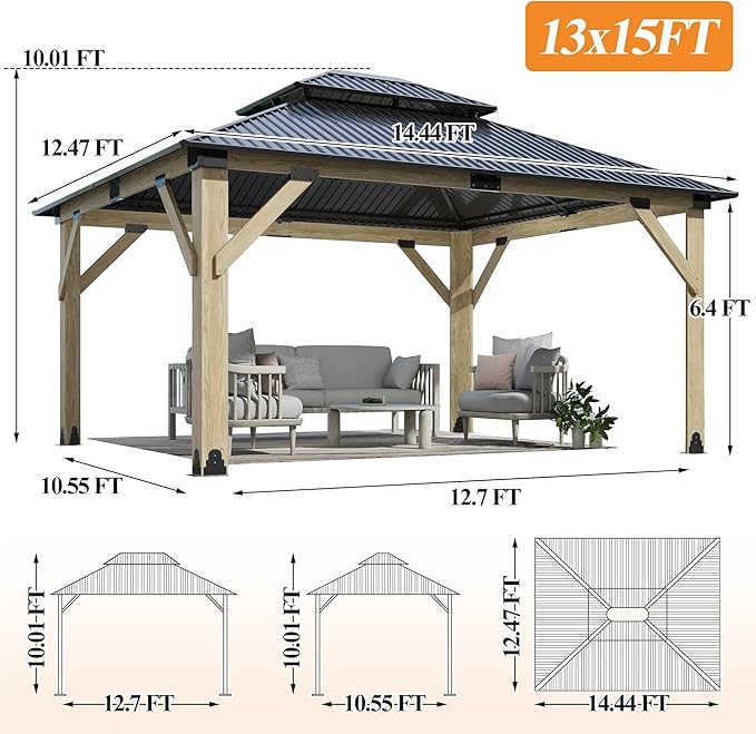 GARTOO 13’x15’ Outdoor Wooden Gazebo - Patio Galvanized Steel Wood Gazebo with Double Vented Roof, Heavy-Duty Gazebos for Garden, Lawn, Backyard Deck, Poolside